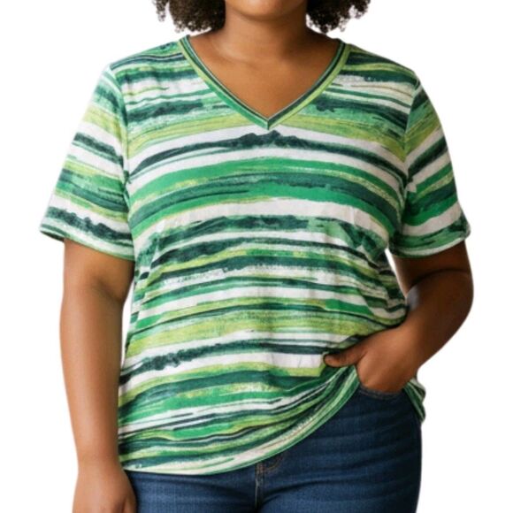 Denim Co Vneck Tshirt Womens Plus Size 1X Green Striped Short Sleeve Top Blouse - Picture 1 of 5
